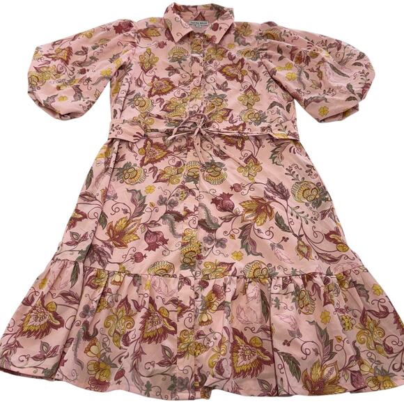 Yakira Bella Dress Womens XS Pink Allie Floral Belted Ruffle Hem Puff Sleeve - Picture 2 of 7
